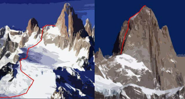 Dort wo die rote Linie im linken Bild endet, beginnt die slowenische Route vom Franzosen Sattel aus (rechtes Bild). Diese Route ist unser Favorit. Die kalifornische Route startet noch weiter links.